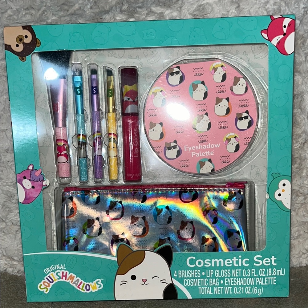 Squishmallows Cosmetic Set with 4 Brushes and Lip Gloss NWT
